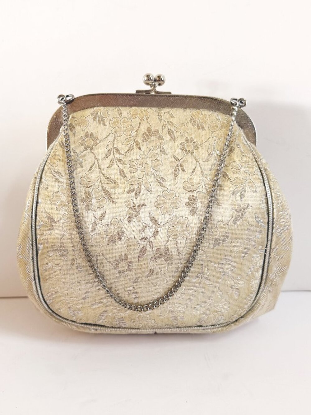 Vintage JR Miami Metallic Brocade Evening Bag Silver Floral Kiss Lock Purse